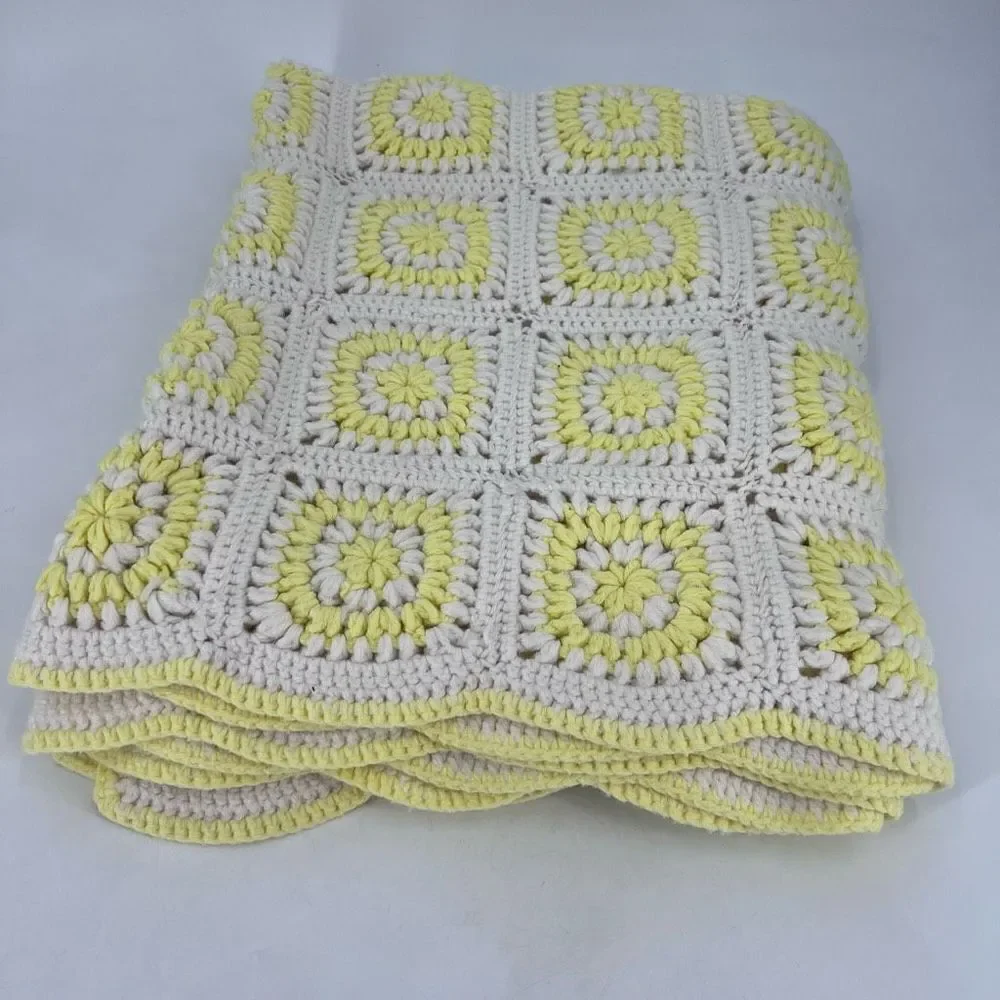 Vintage Handmade Large Afghan Blanket Yellow & White Camp Adirondack rustic 42 x